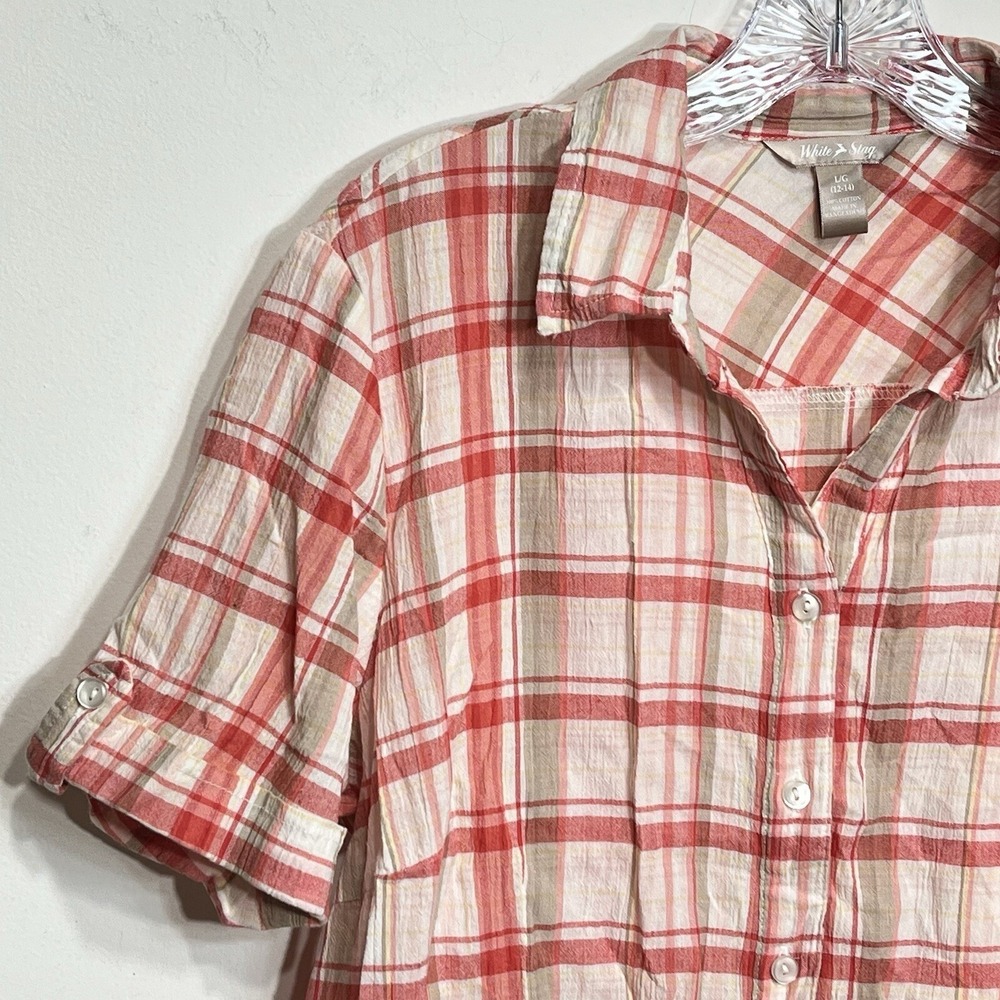 White Stag Womens Red Plaid Short Sleeve Button Down Cotton Shirt Size L 12-14 - Picture 3 of 6